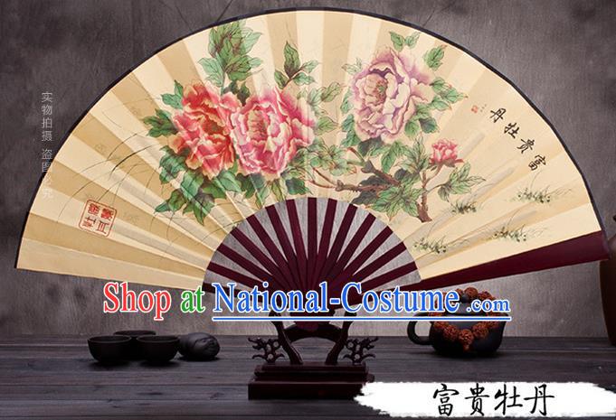 Traditional Chinese Ancient Peking Opera Accessories Scholar Ink Painting Peony Fan, Traditional Chinese Beijing Opera Young Men Props Folding Fans