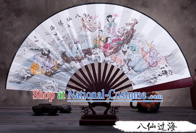 Traditional Chinese Ancient Peking Opera Accessories Scholar Ink Painting Eight Immortals Crossing the Sea Fan, Traditional Chinese Beijing Opera Young Men Props Folding Fans