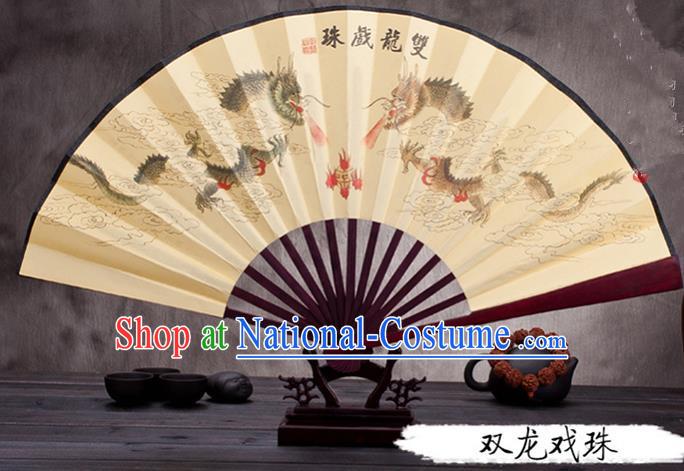 Traditional Chinese Ancient Peking Opera Accessories Scholar Ink Painting Dragon Fan, Traditional Chinese Beijing Opera Young Men Props Folding Fans