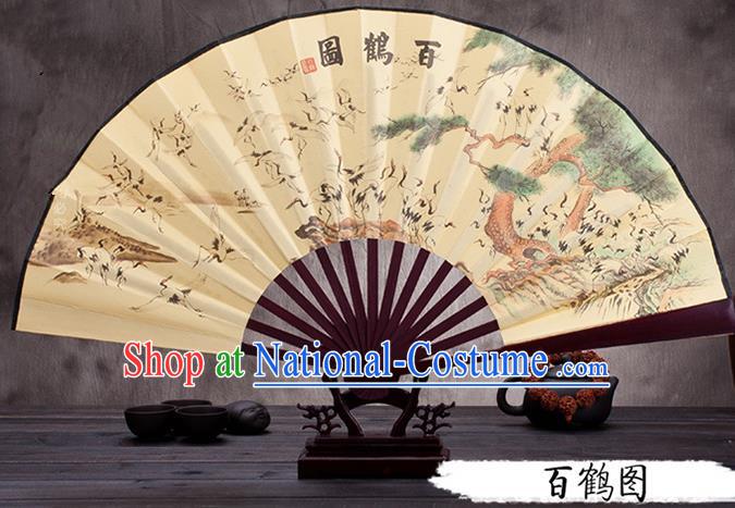 Traditional Chinese Ancient Peking Opera Accessories Scholar Ink Painting Cranes Fan, Traditional Chinese Beijing Opera Young Men Props Folding Fans