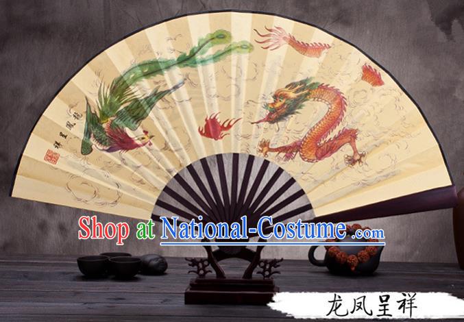 Traditional Chinese Ancient Peking Opera Accessories Scholar Ink Painting Dragon and Phoenix Fan, Traditional Chinese Beijing Opera Young Men Props Folding Fans