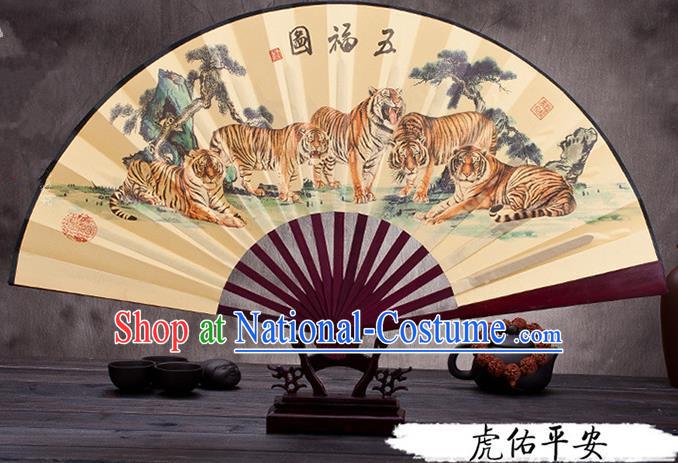 Traditional Chinese Ancient Peking Opera Accessories Scholar Ink Painting Tigers Fan, Traditional Chinese Beijing Opera Young Men Props Folding Fans