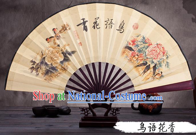 Traditional Chinese Ancient Peking Opera Accessories Scholar Ink Painting Flowers Bird Fan, Traditional Chinese Beijing Opera Young Men Props Folding Fans