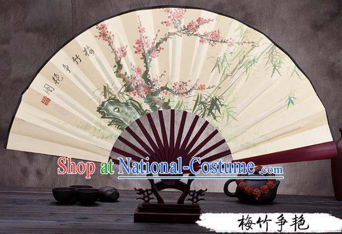 Traditional Chinese Ancient Peking Opera Accessories Scholar Ink Painting Plum and Bamboo Fan, Traditional Chinese Beijing Opera Young Men Props Folding Fans