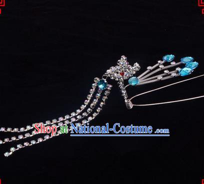 Chinese Ancient Peking Opera Head Accessories Diva Blue Crystal Hairpins Step Shake, Traditional Chinese Beijing Opera Princess Hua Tan Hair Clasp Head-ornaments