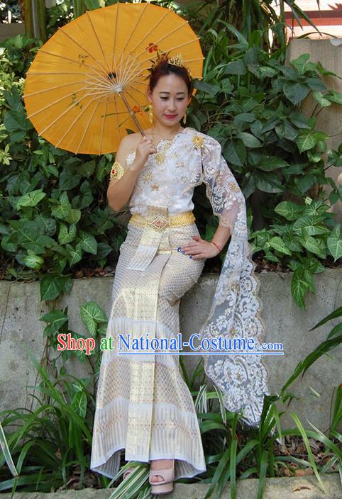 Traditional Traditional Thailand Female Clothing, Southeast Asia Thai Ancient Costumes Dai Nationality Wedding Bride White Sari Dress for Women