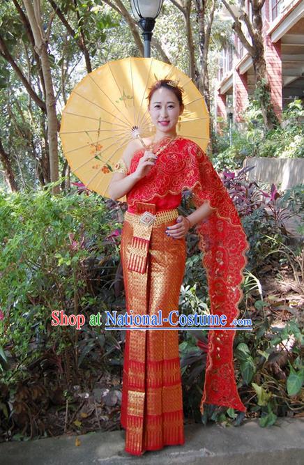 Traditional Traditional Thailand Female Bride Clothing, Southeast Asia Thai Ancient Costumes Dai Nationality Wedding Red Sari Dress for Women