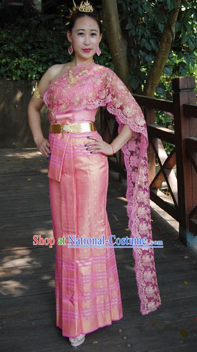 Traditional Traditional Thailand Female Bride Clothing, Southeast Asia Thai Ancient Costumes Dai Nationality Wedding Pink Sari Dress for Women