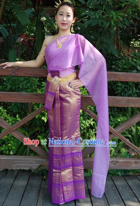 Traditional Traditional Thailand Princess Clothing, Southeast Asia Thai Ancient Costumes Dai Nationality Lilac Sari Dress for Women