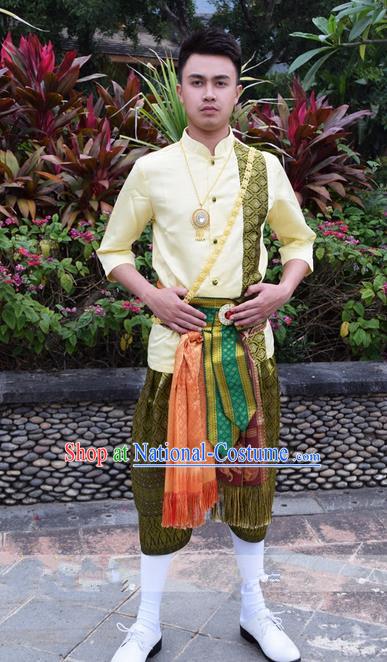 Traditional Traditional Thailand Male Clothing, Southeast Asia Thai Ancient Costumes Dai Nationality Shirt and Pants for Men