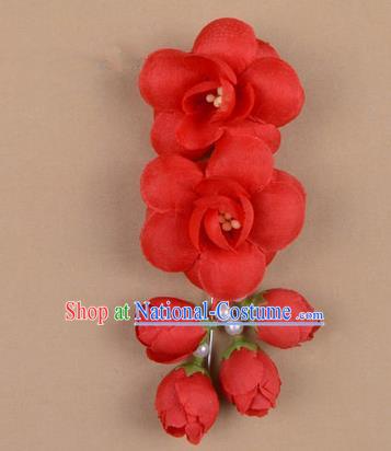 Chinese Ancient Peking Opera Hair Accessories Diva Temple Red Flowers Hairpins, Traditional Chinese Beijing Opera Princess Hua Tan Hair Clasp Head-ornaments