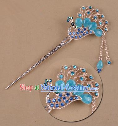 Top Grade Chinese Ancient Peking Opera Hair Accessories Diva Blue Crystal Peacock Hairpins Step Shake, Traditional Chinese Beijing Opera Princess Hua Tan Hair Clasp Head-ornaments