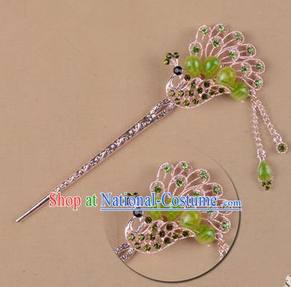 Top Grade Chinese Ancient Peking Opera Hair Accessories Diva Green Crystal Peacock Hairpins Step Shake, Traditional Chinese Beijing Opera Hua Tan Hair Clasp Head-ornaments