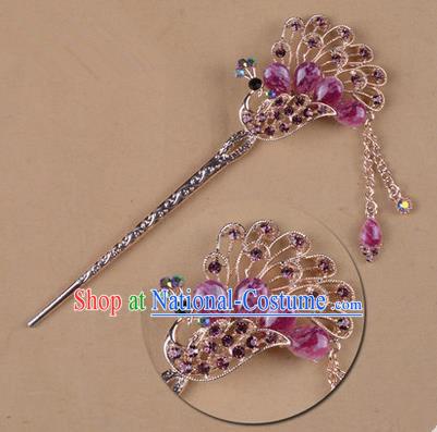 Top Grade Chinese Ancient Peking Opera Hair Accessories Diva Purple Crystal Peacock Hairpins Step Shake, Traditional Chinese Beijing Opera Hua Tan Hair Clasp Head-ornaments