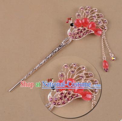 Top Grade Chinese Ancient Peking Opera Hair Accessories Diva Pink Crystal Peacock Hairpins Step Shake, Traditional Chinese Beijing Opera Hua Tan Hair Clasp Head-ornaments