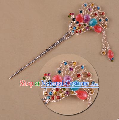 Top Grade Chinese Ancient Peking Opera Hair Accessories Diva Colours Crystal Peacock Hairpins Step Shake, Traditional Chinese Beijing Opera Hua Tan Hair Clasp Head-ornaments