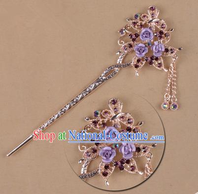 Top Grade Chinese Ancient Peking Opera Hair Accessories Diva Purple Crystal Flowers Hairpins Step Shake, Traditional Chinese Beijing Opera Hua Tan Hair Clasp Head-ornaments