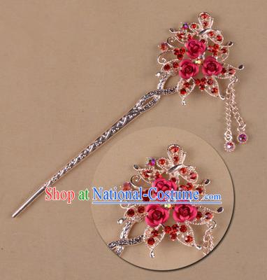 Top Grade Chinese Ancient Peking Opera Hair Accessories Diva Red Crystal Flowers Hairpins Step Shake, Traditional Chinese Beijing Opera Hua Tan Hair Clasp Head-ornaments