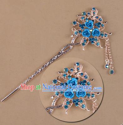 Top Grade Chinese Ancient Peking Opera Hair Accessories Diva Blue Crystal Flowers Hairpins Step Shake, Traditional Chinese Beijing Opera Hua Tan Hair Clasp Head-ornaments