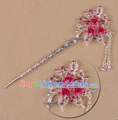 Top Grade Chinese Ancient Peking Opera Hair Accessories Diva Pink Crystal Flowers Hairpins Step Shake, Traditional Chinese Beijing Opera Hua Tan Hair Clasp Head-ornaments