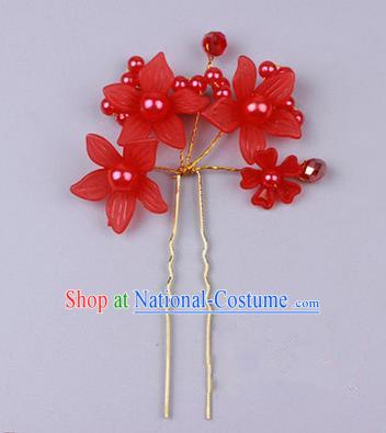 Top Grade Chinese Ancient Peking Opera Hair Accessories Diva Red Flowers Hairpins Step Shake, Traditional Chinese Beijing Opera Hua Tan Hair Clasp Head-ornaments