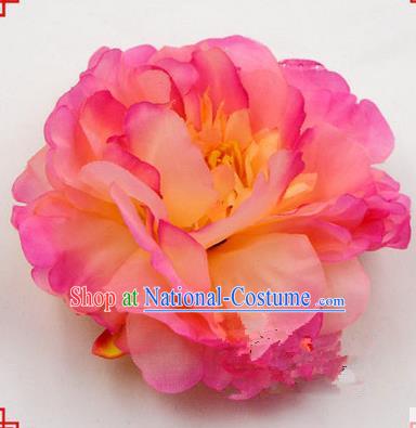 Top Grade Chinese Ancient Peking Opera Hair Accessories Diva Pink Peony Hairpins, Traditional Chinese Beijing Opera Hua Tan Hair Clasp Head-ornaments