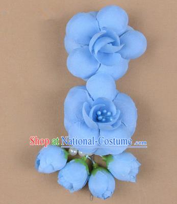 Chinese Ancient Peking Opera Hair Accessories Diva Temple Blue Flowers Hairpins, Traditional Chinese Beijing Opera Princess Hua Tan Hair Clasp Head-ornaments