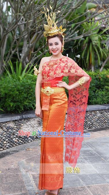 Traditional Traditional Thailand Female Bride Clothing, Southeast Asia Thai Ancient Costumes Dai Nationality Water-Sprinkling Festival Red Wedding Sari Dress for Women