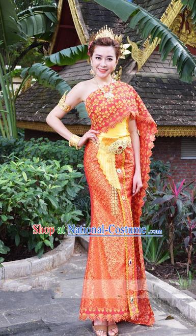 Traditional Traditional Thailand Princess Clothing, Southeast Asia Thai Ancient Costumes Dai Nationality Wedding Red Sari Dress for Women