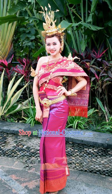 Traditional Traditional Thailand Princess Clothing, Southeast Asia Thai Ancient Costumes Dai Nationality Wedding Rosy Sari Dress for Women