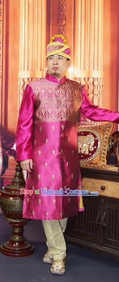 Traditional Traditional Thailand Male Clothing, Southeast Asia Thai Ancient Costumes Dai Nationality Purple Long Robe Dust Coat for Men