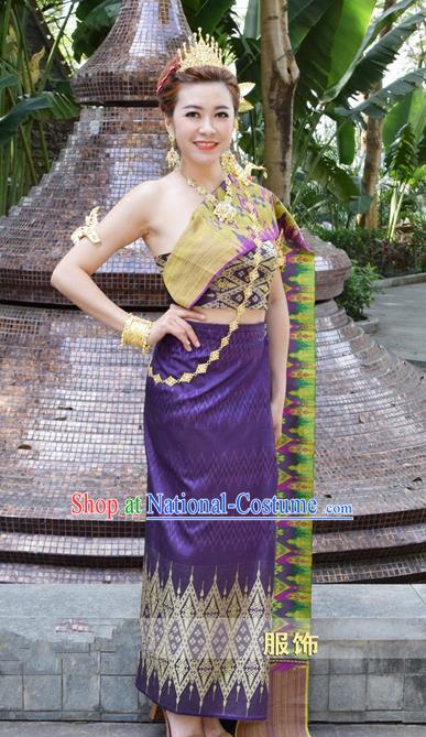 Traditional Traditional Thailand Princess Clothing, Southeast Asia Thai Ancient Costumes Dai Nationality Wedding Purple Sari Dress for Women