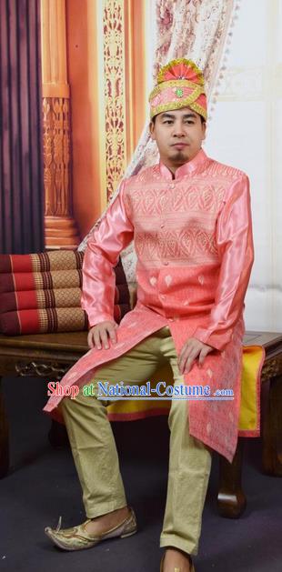 Traditional Traditional Thailand Male Clothing, Southeast Asia Thai Ancient Costumes Dai Nationality Pink Long Robe Dust Coat for Men