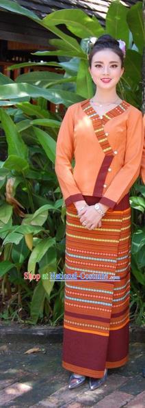 Traditional Traditional Thailand Female Clothing, Southeast Asia Thai Ancient Costumes Dai Nationality Orange Sari Dress for Women