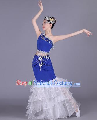 Traditional Chinese Dai Nationality Peacock Dance Costume, Folk Dance Ethnic Pavane Clothing, Chinese Minority Nationality Dance Fishtail Dress for Women