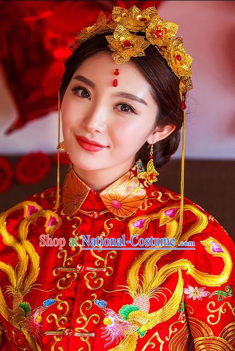 Traditional Chinese Wedding Xiuhe Suit Hair Accessories Hair Comb, Cnina Style Hanfu Phoenix Coronet Tassel Step Shake, Ancient Chinese Bride Hairpins Headwear for Women