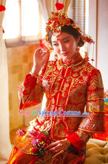 Traditional Chinese Wedding Costume Xiuhe Wedding Red Clothing Longfeng Flown, Ancient Chinese Bride Toast Embroidered Dress for Women