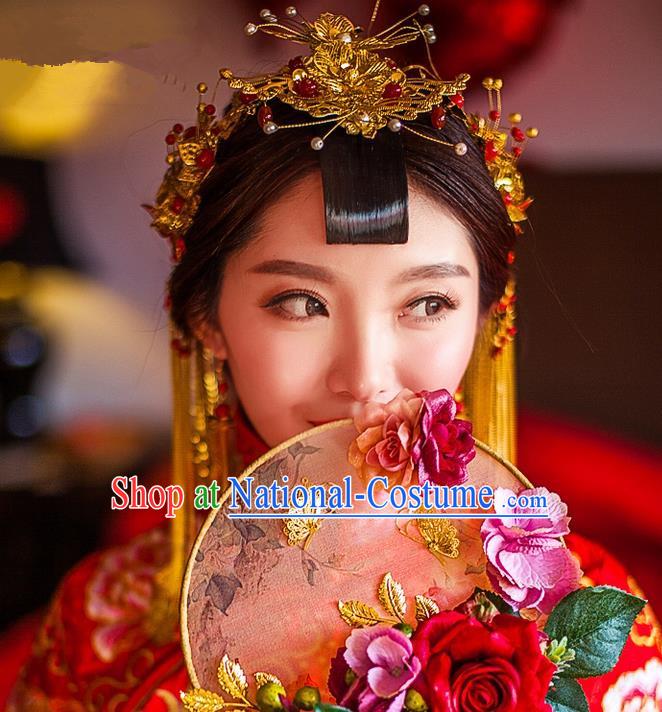 Traditional Chinese Wedding Xiuhe Suit Hair Accessories, Cnina Style Hanfu Phoenix Crown Tassel Step Shake, Ancient Chinese Bride Hairpins Headwear for Women