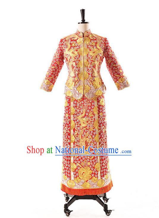 Traditional Chinese Wedding Costume XiuHe Suit Clothing Dragon and Phoenix Flown Bottom Drawer, Ancient Chinese Bride Hand Embroidered Cheongsam Dress for Women