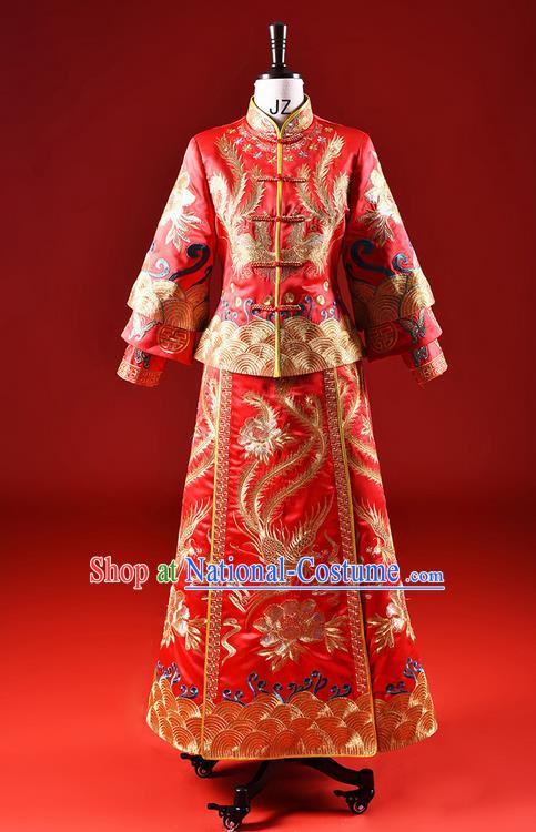 Traditional Chinese Wedding Costume XiuHe Suit Clothing Dragon and Phoenix Flown Wedding Dress, Ancient Chinese Bride Hand Embroidered Phoenix Cheongsam Dress for Women