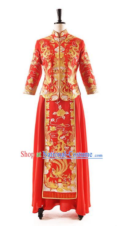 Traditional Chinese Wedding Costume XiuHe Suit Clothing Dragon and Phoenix Flown Slim Wedding Dress, Ancient Chinese Bride Hand Embroidered Phoenix Cheongsam Dress for Women