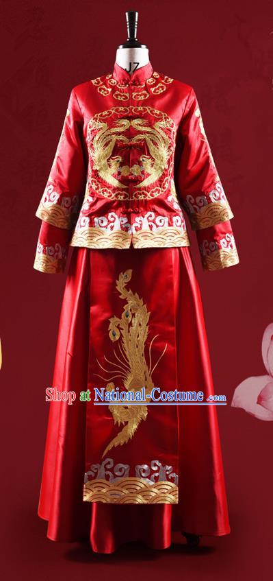 Traditional Chinese Wedding Costume XiuHe Suit Clothing Longfeng Flown Wedding Dress, Ancient Chinese Bride Hand Embroidered Phoenix Cheongsam Dress for Women