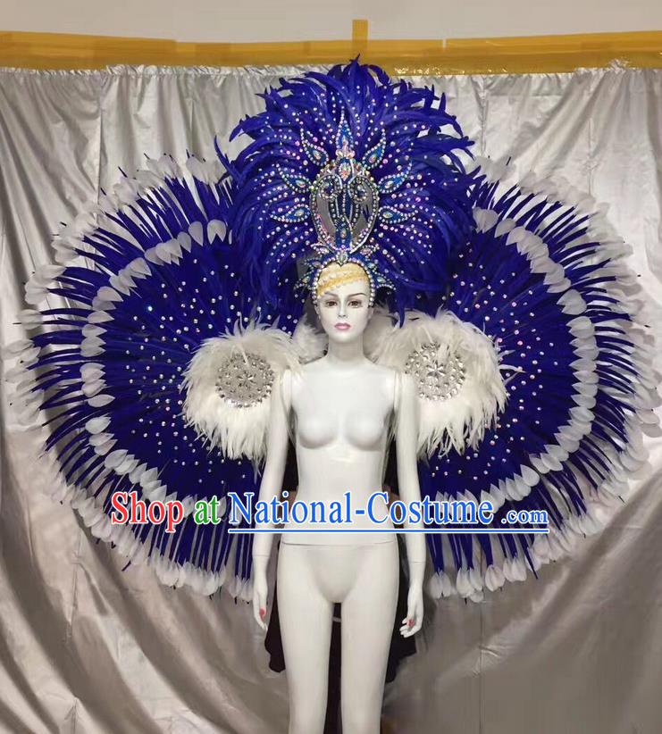 Top Grade Compere Professional Performance Catwalks Costumes Props and Headwear, Traditional Brazilian Rio Carnival Samba Opening Dance Blue Ostrich Feather Wings Suit Fancywork Clothing for Women