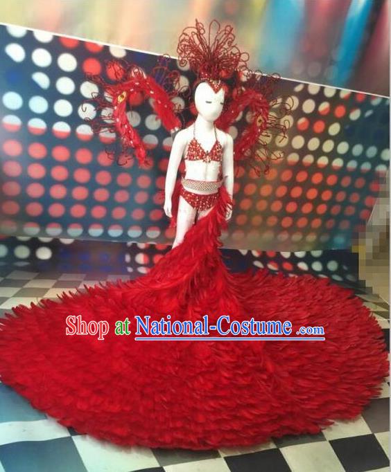 Top Grade Compere Professional Performance Catwalks Costumes, Traditional Brazilian Rio Carnival Samba Opening Dance Red Feather Wings Suit Fancywork Bikini Swimwear Clothing for Women