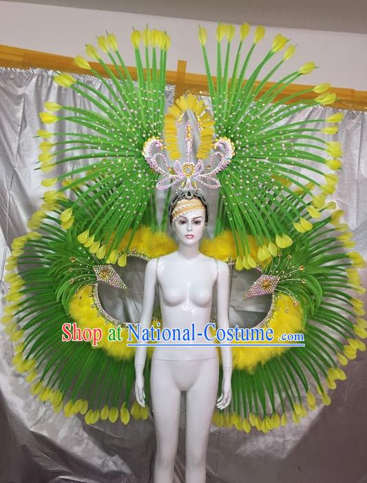 Top Grade Compere Professional Performance Catwalks Ostrich Feather Costumes and Headpiece, Traditional Brazilian Rio Carnival Samba Opening Dance Wings Clothing for Women