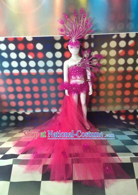 Top Grade Compere Professional Performance Catwalks Pink Ostrich Feather Costumes and Headpiece, Traditional Brazilian Rio Carnival Samba Opening Dance Wings Swimsuit Clothing for Women