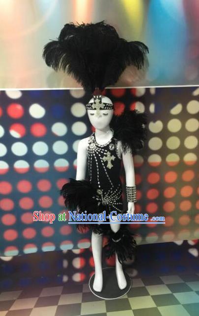 Top Grade Compere Professional Performance Catwalks Black Feather Costumes and Headpiece, Traditional Brazilian Rio Carnival Samba Opening Dance Swimsuit Clothing for Kids