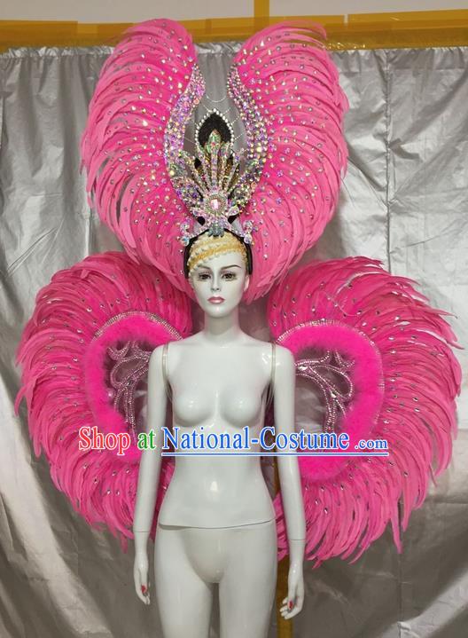 Top Grade Compere Professional Performance Catwalks Costumes and Headpiece, Traditional Brazilian Rio Carnival Samba Opening Dance Pink Feather Wings Suit Fancywork Clothing for Women