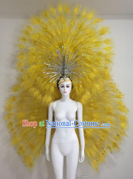 Top Grade Compere Professional Performance Catwalks Yellow Feather Wings Costume and Headpiece, Traditional Brazilian Rio Carnival Samba Opening Dance Suits Clothing for Women