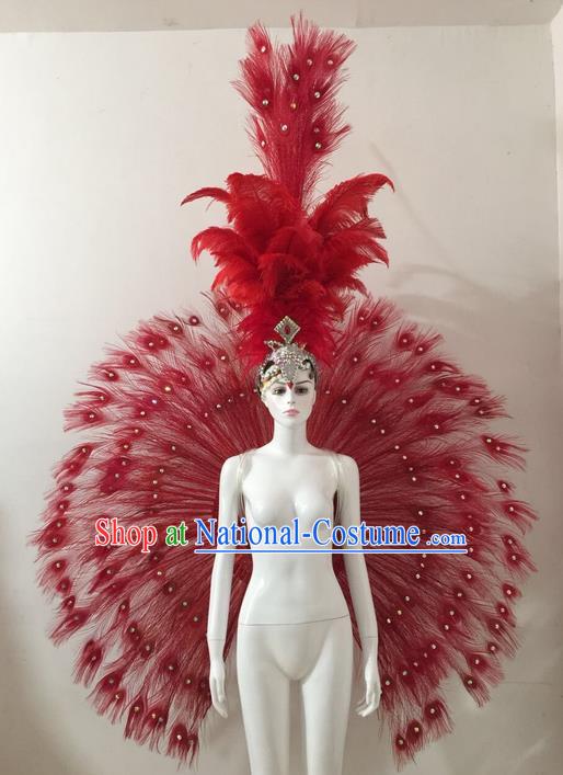 Top Grade Compere Professional Performance Catwalks Red Feather Wings Costume and Headpiece, Traditional Brazilian Rio Carnival Samba Opening Dance Suits Clothing for Women